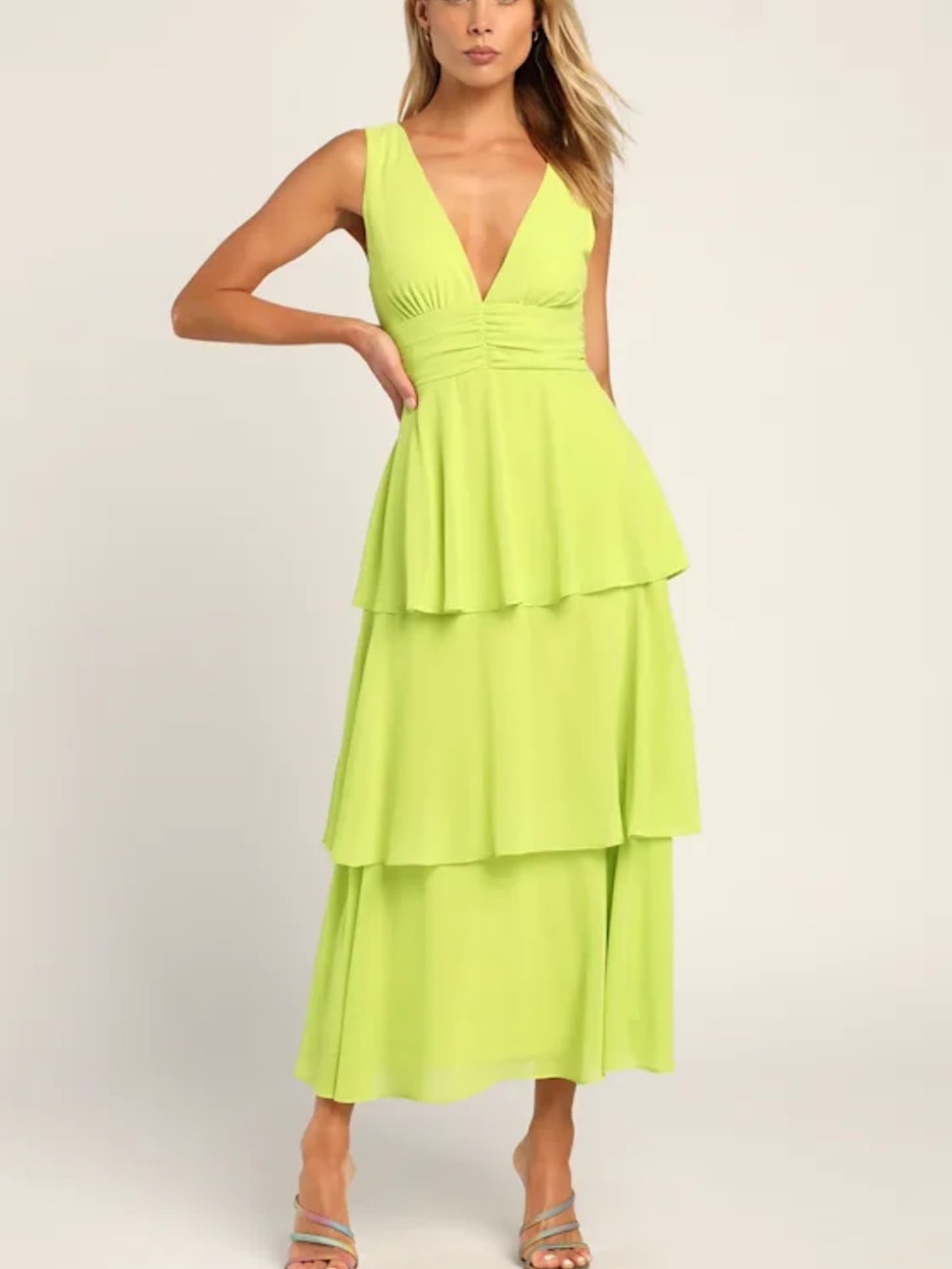 Lulu's Neon Lime Tiered V-Neck Maxi Dress